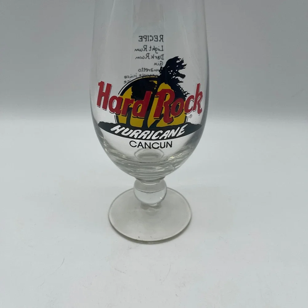 Hard Rock Cafe Cancun Hurricane Glass Souvenir Barware Drink Recipe Logo Clear